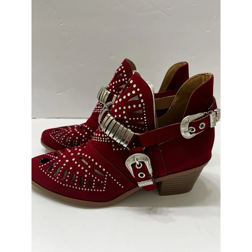 Red Faux Suede Ankle Boots Silver Accents Buckles New Without Tags Women's 7.5/8